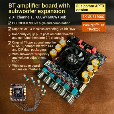 ZK-SUB1200Q APTX Bluetooth Power Amplifier Board Subwoofer 600W*2 Dual TPA3255