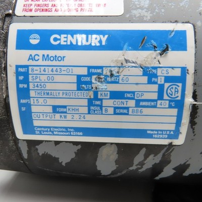 Century 8-141443-01 2.24kW 3450RPM 230V 1Ph AC Motor | eBay