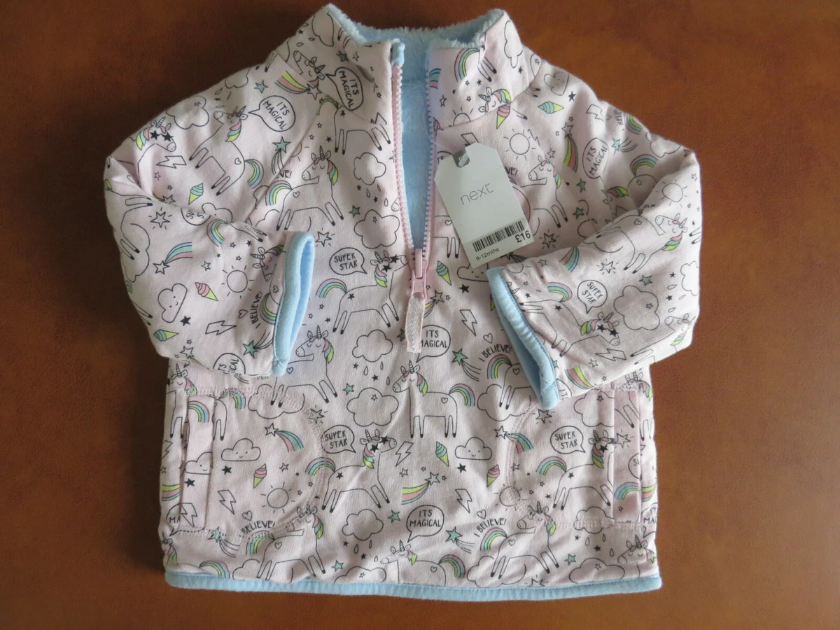 Next Girls Pink Reversible Unicorn Fleece Zip Up Jacket 9 12