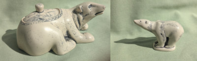 Eisbärjunges und Schmuckkästchen Bär in Scrimshaw Effekt Resin (Comoys?)