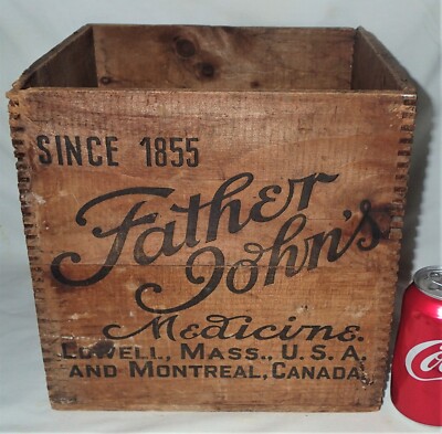 ANTIQUE FATHER JOHNS MEDICINE LOWELL MASS U.S.A. WOOD ART BOX SINCE 1855 CANADA