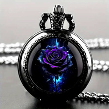 Retro Rose Quartz Pocket Watch Black Necklace Pocket Watch Men Women Gift New