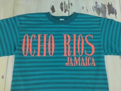 OCHO RIOS JAMAICA - Vtg 90s Caribbean Rags Green Striped  Neon Shirt, Mens LARGE