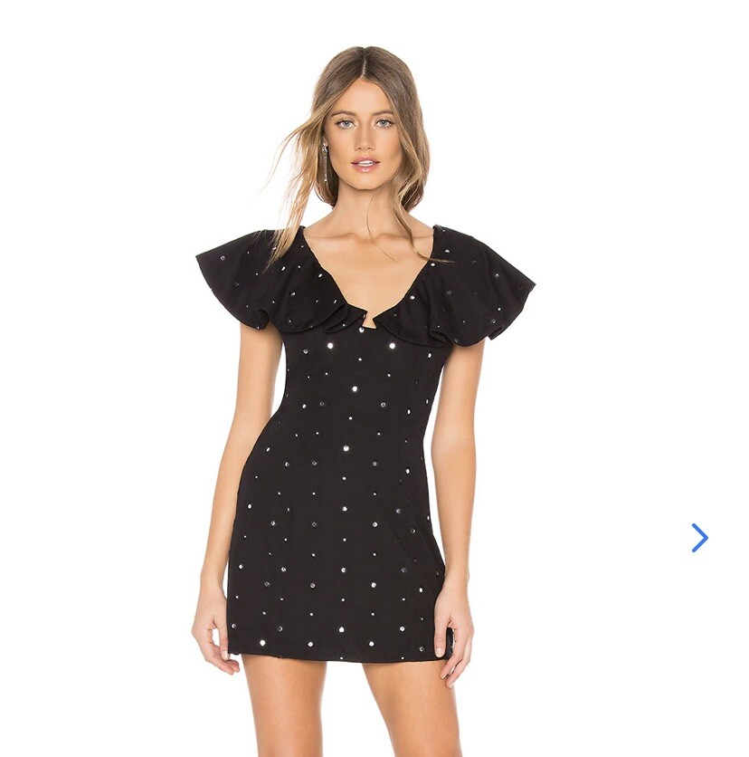 LOVERS + FRIENDS Mini Vestido Manga Volantes Detalle Diamante Negro