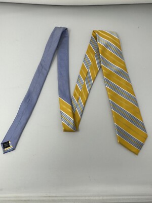 Saks Fifth Avenue Men's 100% Silk Yellow Blue Striped Neck Tie H5