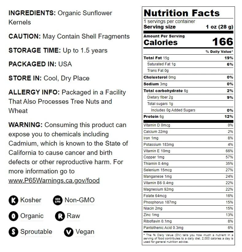 Semillas de girasol orgánicas - sin cáscara, sin OGM, sin sal, kosher - de Food to Live Foto 4 de 4