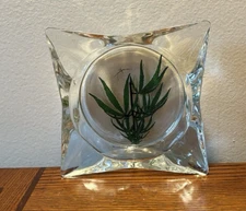Glass Ashtray Dish Decor Signed with Plant Etching
