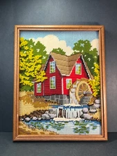 "Autumn Mill Pond" 11” X 14” Vintage Sunset Needlepoint  - 1983 Finished - READ