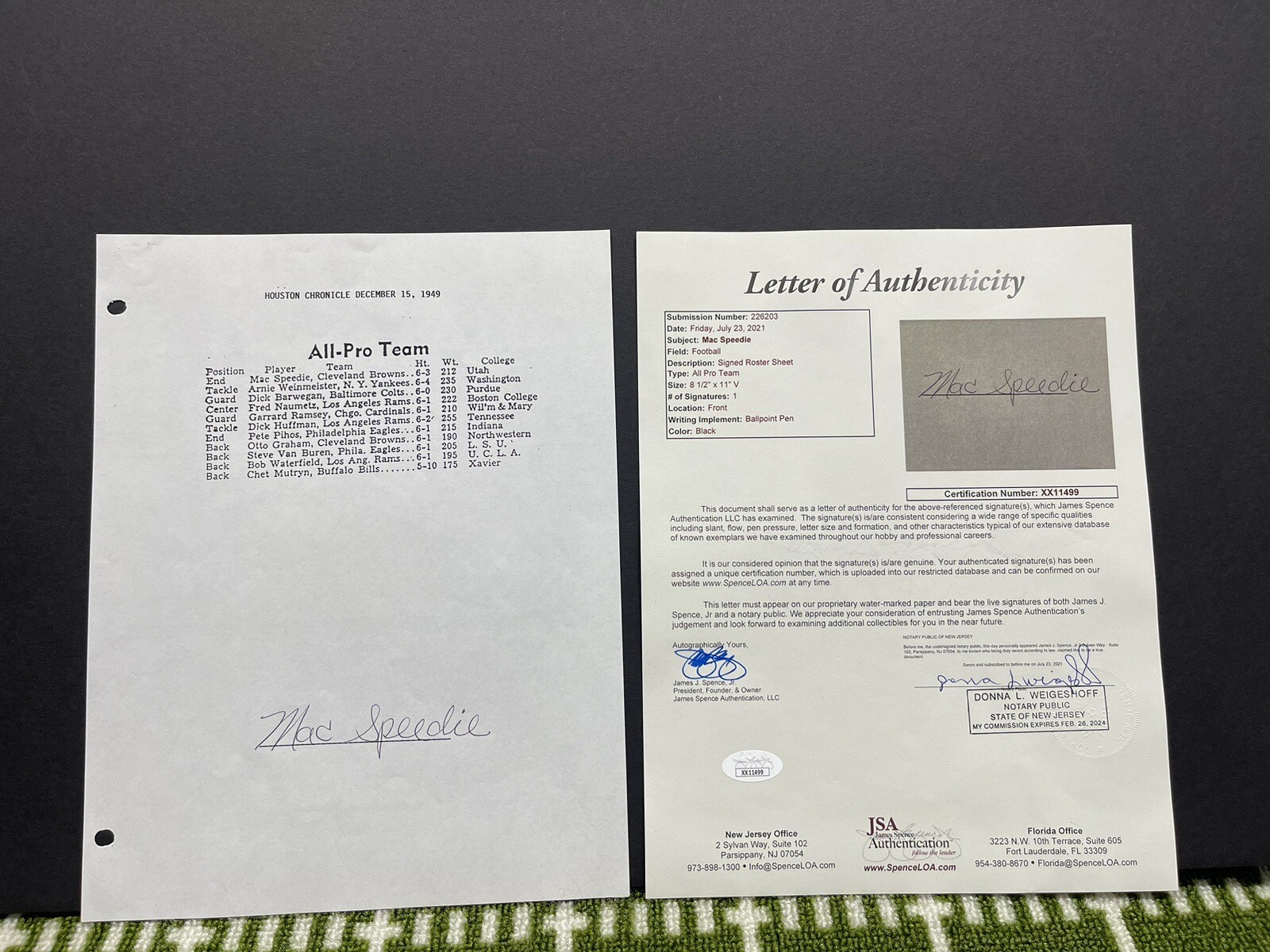 Mac Speedie Autographed Signed Cleveland Browns CLEVELAMD BROWN 1949 PAPER JSA FULL LETTER HOF 2020 RARE AUTO 