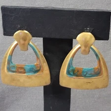 Pierced  Earrings Hammered Metal Tribal Earrings Painted Enamel Gold Tone