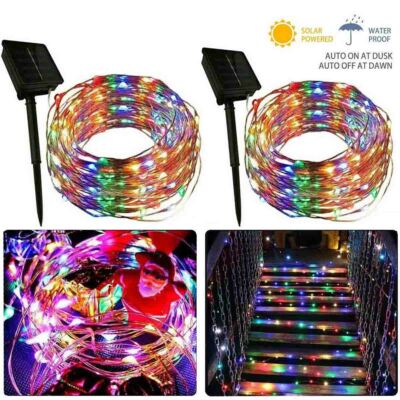 2PCS 100 LED Copper Wire Solar String Lights Flicker & Static Party Fairy Lights
