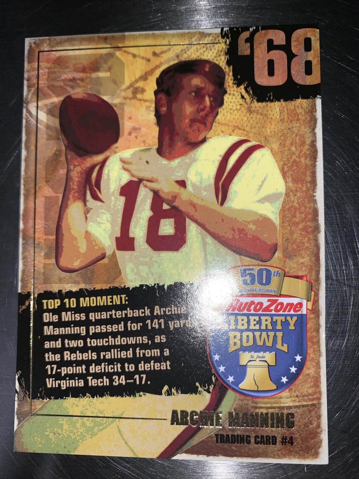 Archie Manning Ole Miss Rebels AutoZone Liberty Bowl Football Card, image size:1200x1600