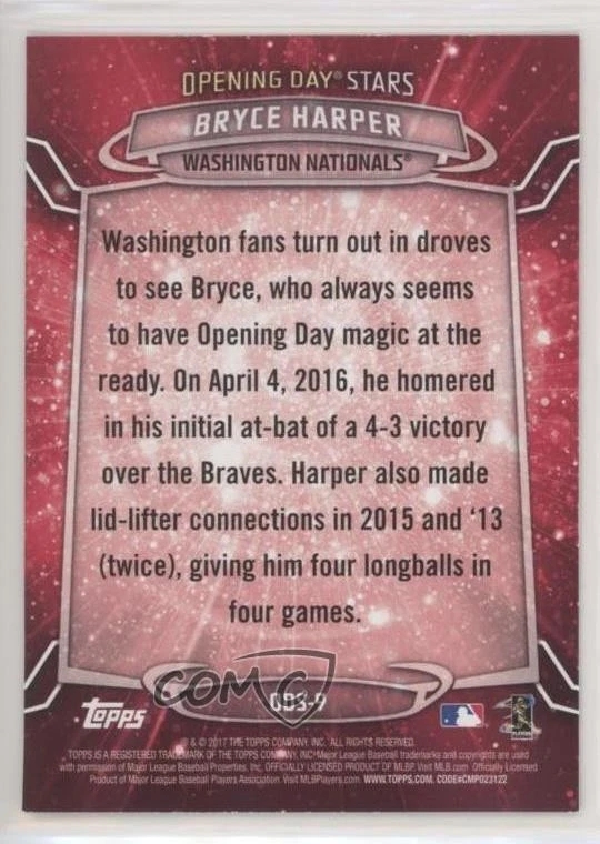 2017 Topps Opening Day Opening Day Stars Bryce Harper #ODS-9 - Image 2 of 2