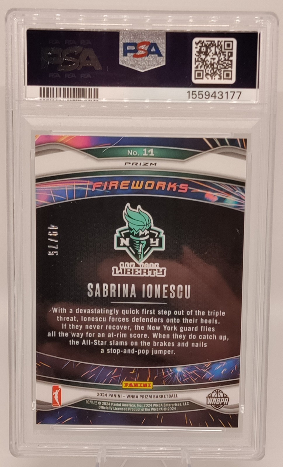 2024 Prizm Sabrina Ionescu #11 Fireworks Orange Pulsar /75 Psa 9 view 2
