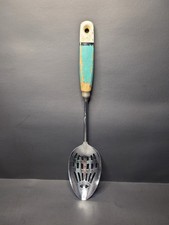 VTG 12" Ekco Slotted Serving Spoon with Teal & White Wooden Handle Made in USA