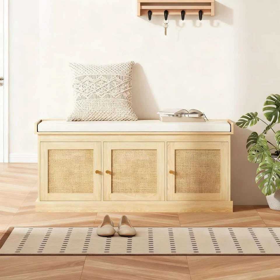 Banco de zapatos tejido de ratán roble blanco crema 9 pares almacenamiento asiento fácil de limpiar Foto 4 de 4