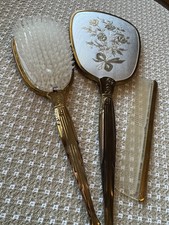 Vintage Gold  Silver, Mirror Brush Comb Vanity Set Roses Bow MCM Pristine
