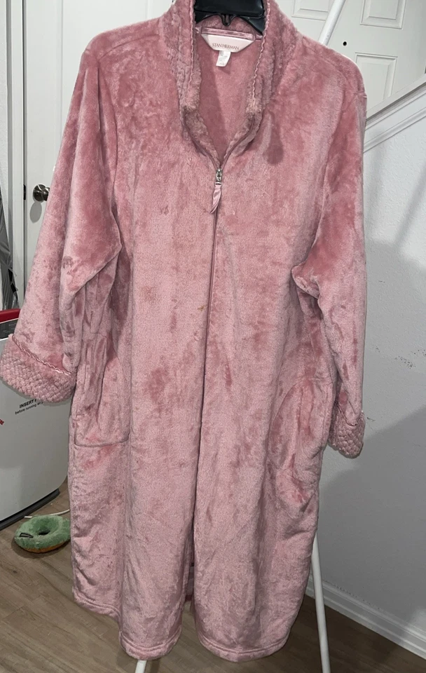 Bata de felpa Stan Herman para mujer talla grande PX1 cremallera cuello en V manga corta bolsillo rosa Foto 2 de 4