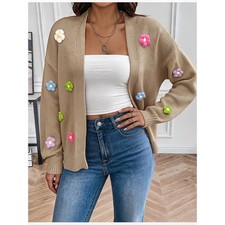 Women's Hand Crochet Floral Cardigan Loose Knit Sweater Coat Open
