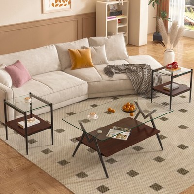Coffee Table and End tables Set of 3 Tempered Glass Table with MDF layer