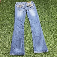 Miss Me Signature Boot Blue Jeans Women  s 28 Flap Pockets Embroidered Rhinestone