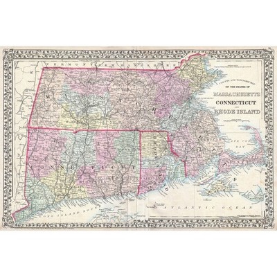 1873 Mitchell Map Featuring Massachusetts, Connecticut, Rhode Island and Islands