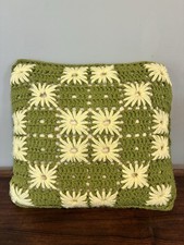 Vintage Handmade Crochet Granny Square Flower Pillow 12x12 Green Yellow Retro