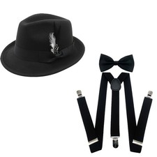 Manhattan 1920s Mens Feather Gatsby Gangster Hat Suspender Bow Tie Costume Set