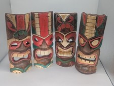Set of 4 Hand-Carved Wooden Polynesian Tiki Masks Wall Art Multicolor Paint 12"T