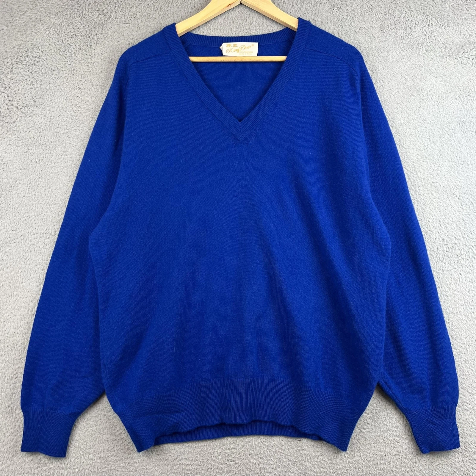 King Deer Sweater Mens Large Blue 100% Cashmere V Neck Pullover Knit Lightweight