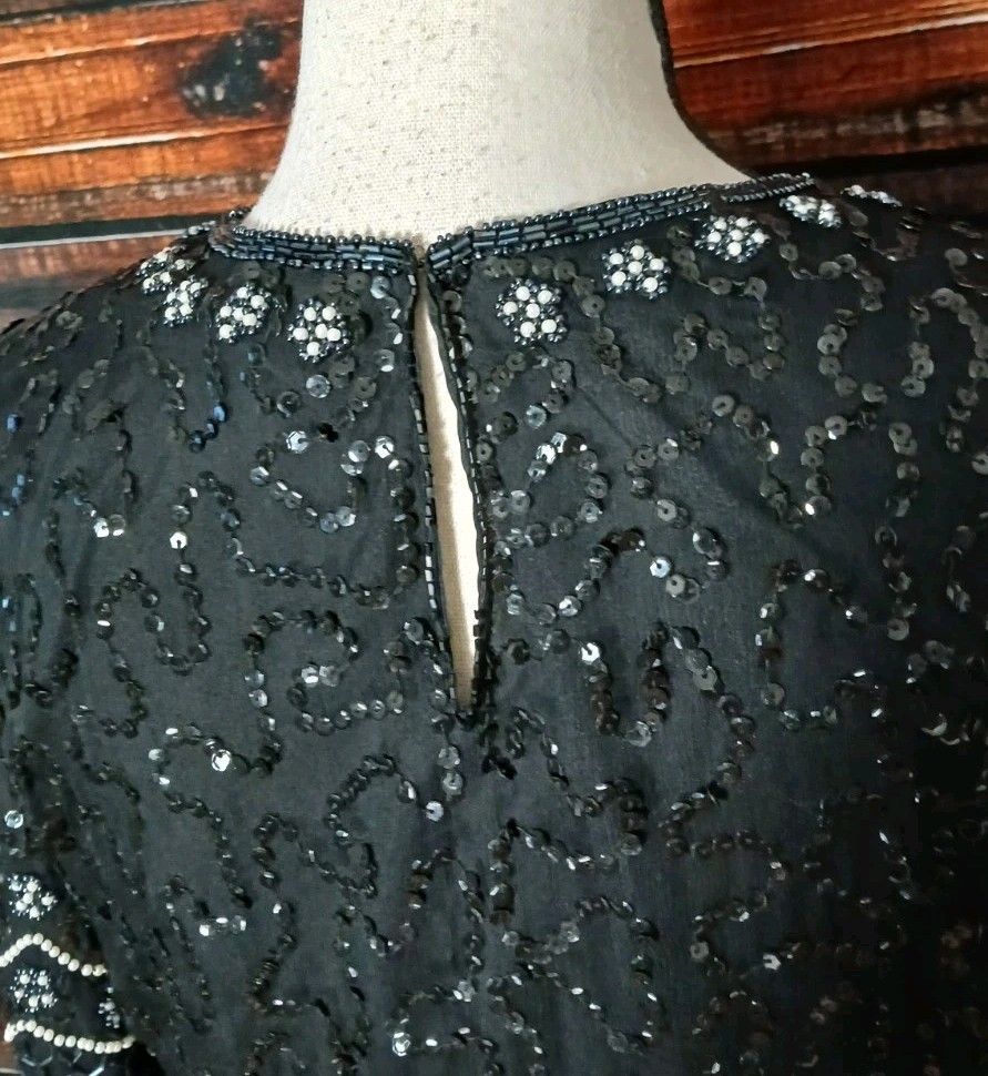 Laurence Kazar Vintage Top Size M 100% Silk Beaded Sequin Black Lined Blouse 