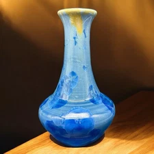 Studio Art Pottery Vase Crystalline Glaze Blue & Brown Vintage 7 in. As Is