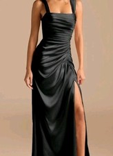 NEW Azazie Black Dress Size 8 Jesaphine Sheath Bow Metallic Satin NWT Open Back