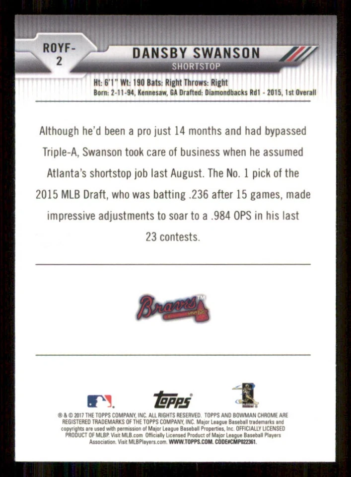 2017 Bowman Chrome Rookie of the Year Favorites Refractors #ROYF2 Dansby Swanson - Image 2 of 2