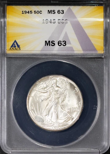 1945 50c Silver Walking Liberty Half-dollar MS 63 ANACS # 7625520 + Bonus