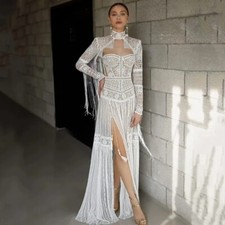 Sexy A-line Bohemian Wedding Dresses Long Sleeved Backless High Slit Bride Gowns