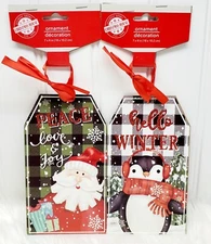 2 Farmhouse Hanging Wall Signs Winter Peace Christmas Décor 7"X4" Santa Penguin