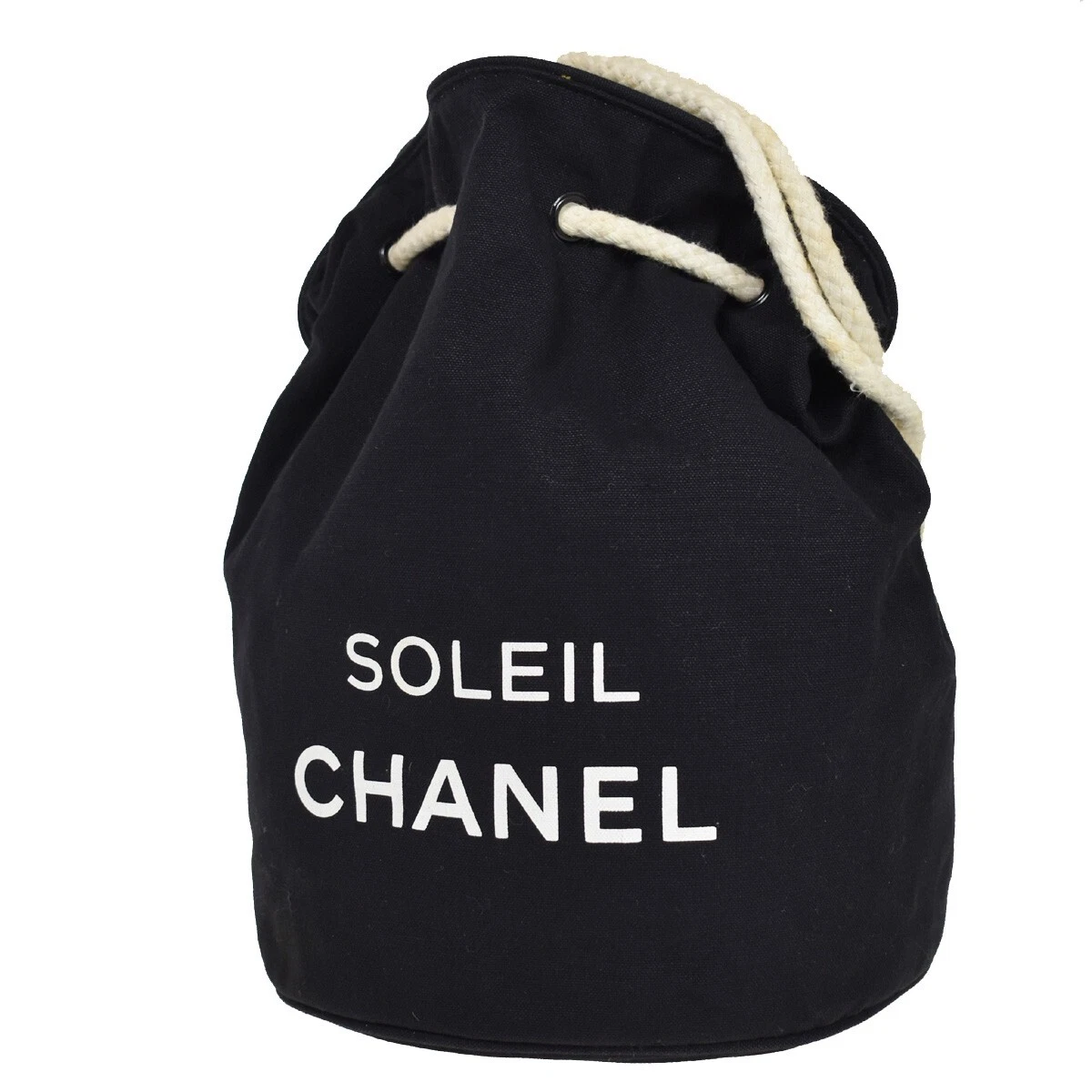 CHANEL Soleil Logo Drawstring Shoulder Bag Canvas Vinyl Black 01JH848