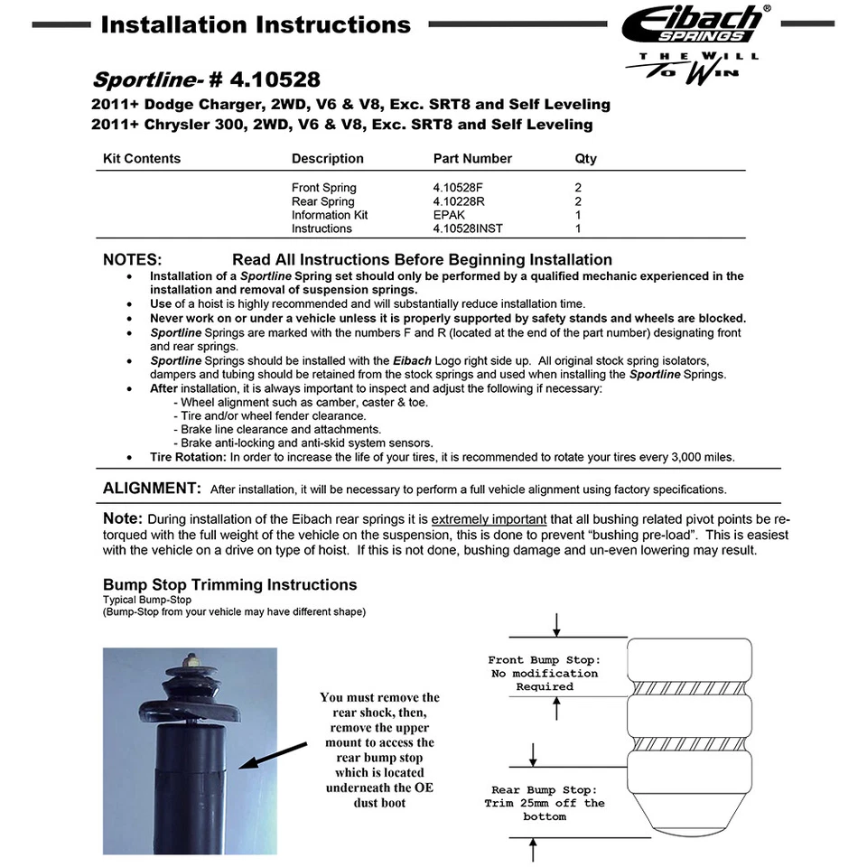 Kit de resortes rebajadores delanteros traseros Eibach 4.10528 SPORTLINE para Dodge Charger 11-23 Foto 2 de 4