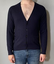 Kallspin Men  s Navy Size L Cashmere Blend V Neck Cable Knit Cardigan Sweater