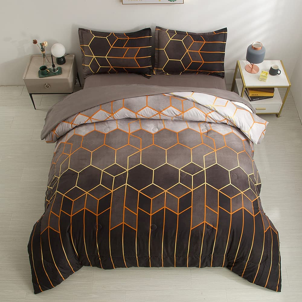 5Pcs King Comforter, Grey Geometric Bedding Sets for Man Woman, Brown