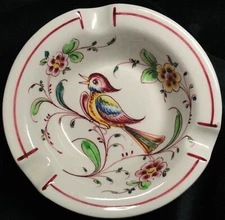 Vintage Anfora Agueda Singing Bird Flowers Hand Painted Ceramic Ashtray Portugal