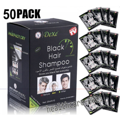 50x DEXE Black Hair Shampoo Instant Hair Color Dye Permanent Grey White Reverse