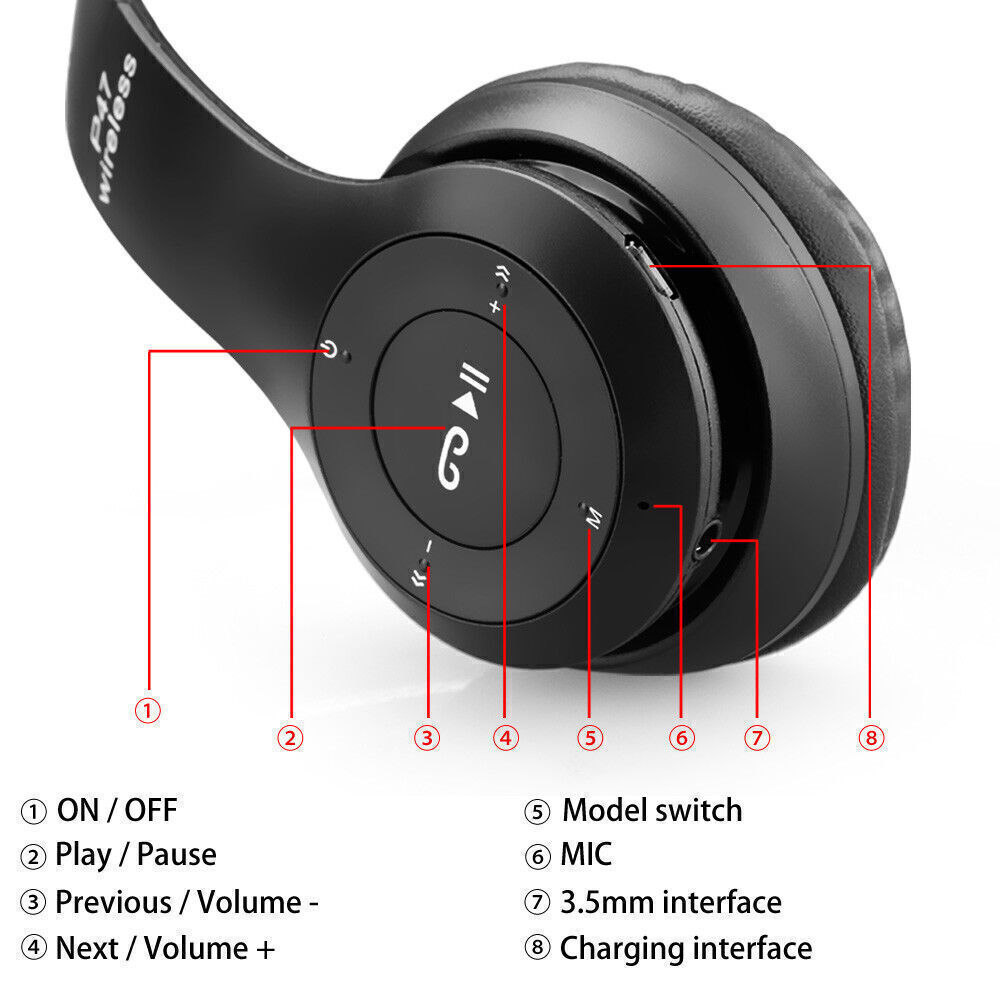 P47 Wireless Bluetooth 5.0 Headphones Stereo OverEar Headset MIC