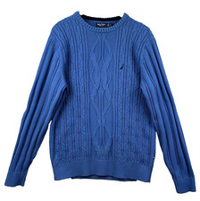 NAUTICA Cable Knit Crew Neck Sweater Men's Sz Large Blue Sailboat Ribbed Classic