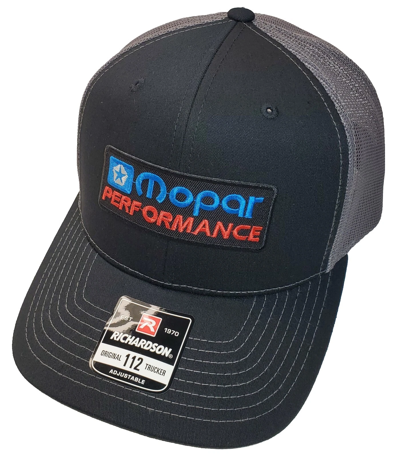 Mopar Performance Patch on Richardson 112 Trucker Hat Snapback Black/Charcoal