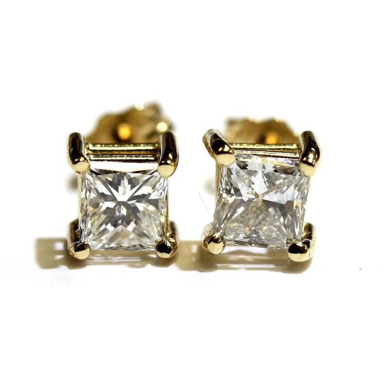 GIA 14k yellow gold 1.06ct SI2 I1 F H princess diamond stud earrings NATURAL
