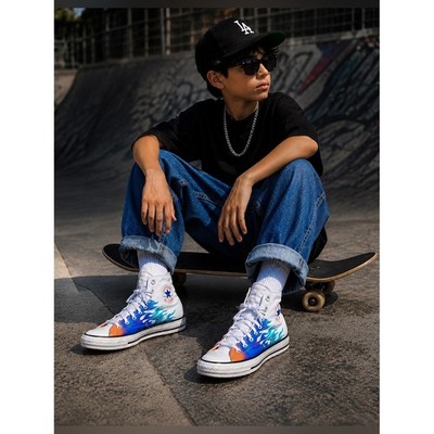 Converse All Star Big Boy Flame Graphic High Tops White Cobalt Blue , AguaOrange