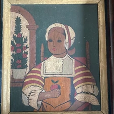 Fine Antique Folk Art Primitive Portrait of Lady Girl & Apple Oil Painting AAFA