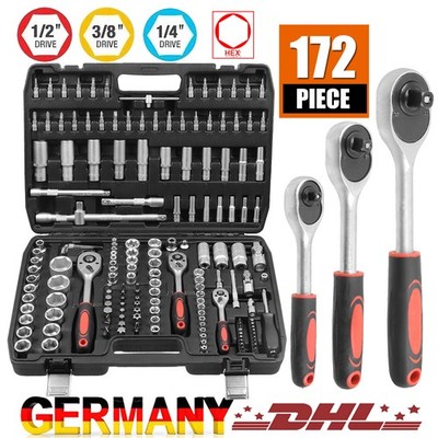 171x Knarrenkasten Ratschenkasten Steckschlüsselsatz 1/2 3/8 1/4'' Sechskant Bits